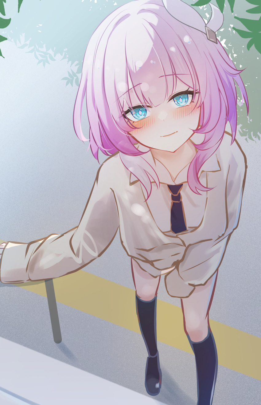 1girl absurdres alternate_costume black_necktie black_shoes black_socks blue_eyes blush breasts brown_coat coat commentary_request cyrene_(honkai:_star_rail) cyrene_(philia093)_(honkai:_star_rail) hair_ornament highres honkai:_star_rail honkai_(series) looking_at_viewer memeiradesuyo multicolored_hair necktie pink_hair shirt shoes short_hair small_breasts smile socks solo two-tone_hair white_hair white_shirt