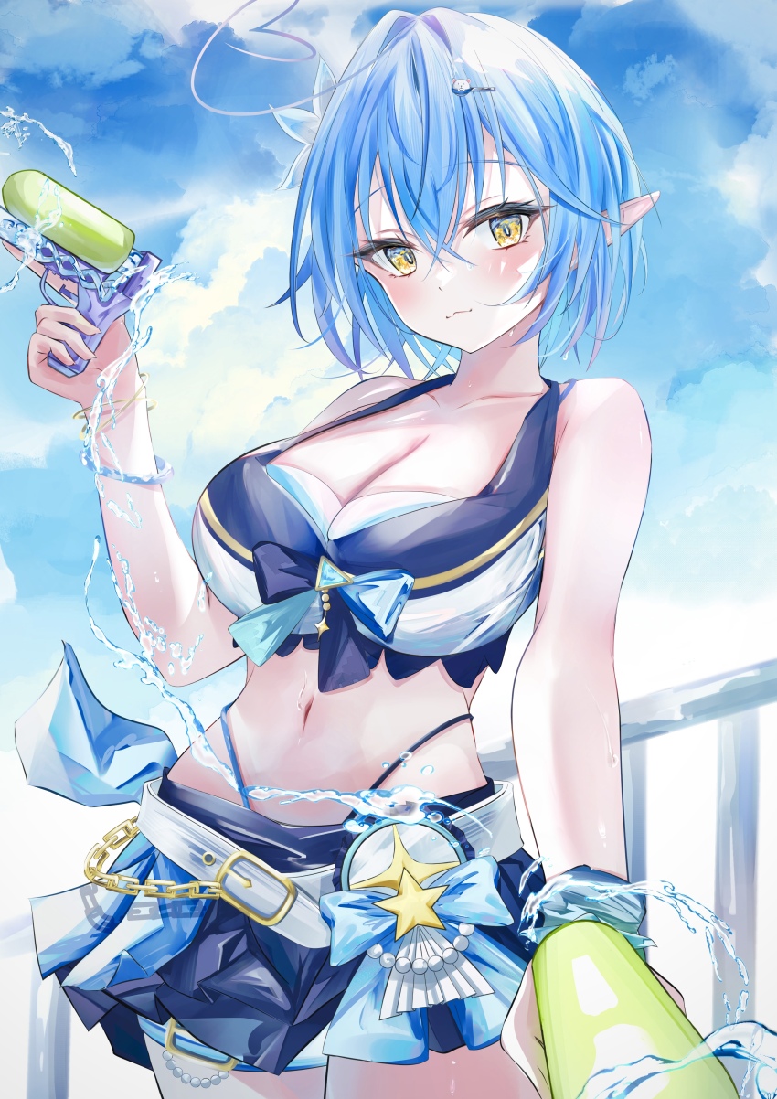1girl absurdres aqua_hair belt bikini bikini_skirt blue_hair blush breasts cleavage closed_mouth cloud cloudy_sky collarbone commentary_request elf flower hair_between_eyes hair_flower hair_ornament highres holding holding_water_gun hololive hololive_summer_2023_swimsuit kageboushi_(kageboushi_desu) looking_at_viewer navel official_alternate_hair_length official_alternate_hairstyle pointy_ears short_hair skirt sky smile solo stomach swimsuit virtual_youtuber water water_gun white_belt yellow_eyes yukihana_lamy