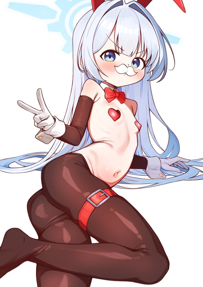 1girl black_thighhighs blue_archive blue_eyes blue_halo blush bow bowtie breasts cherino_(blue_archive) detached_sleeves facial_hair fake_facial_hair fake_mustache garter_straps gloves halo heart heart_pasties highres led_winter loli long_hair mustache navel pasties rabbit_ears red_bow red_bowtie red_garter_belt reverse_bunnysuit reverse_outfit shiny_clothes small_breasts solo thighhighs v white_background white_gloves white_hair white_mustache