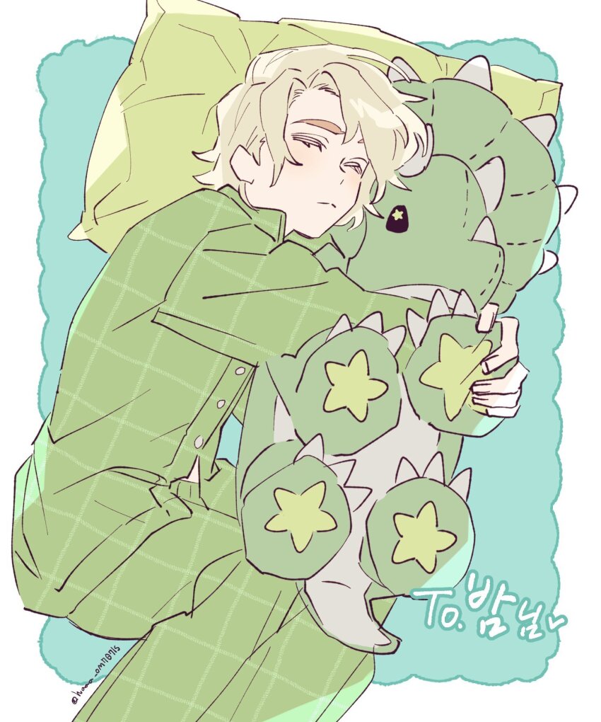 1boy animification artist_name blonde_hair blue_background border closed_eyes closed_mouth commentary_request from_above green_pajamas green_pants green_shirt haaa_om007ls highres holding holding_stuffed_toy hugging_object korean_commentary lloyd_garmadon long_sleeves lying male_focus ninjago on_side outside_border pajamas pants pillow shirt short_hair simple_background sleeping solo stuffed_animal stuffed_dinosaur stuffed_toy the_lego_group triceratops twitter_username white_border