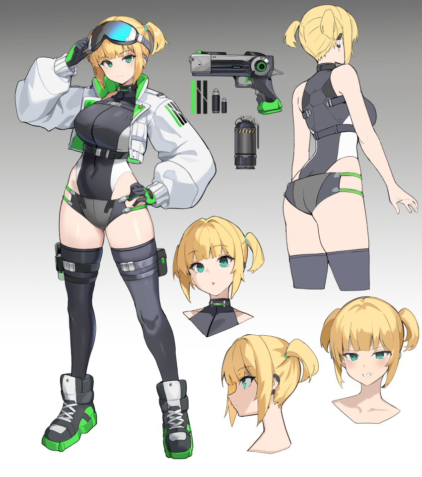 1girl absurdres ass belt black_gloves black_leotard black_thighhighs blonde_hair breasts chest_harness commentary cowboy_shot cropped_jacket earclip finger_on_trigger from_behind gloves goggles goggles_on_head green_eyes grey_shorts grin gun hand_on_own_hip harness highleg highleg_leotard highres holding holding_gun holding_weapon jacket large_breasts leotard light_blush long_sleeves looking_at_viewer micro_shorts multicolored_leotard one_eye_closed original over_shoulder ponytail pouch puffy_long_sleeves puffy_sleeves ryou_(ponpgo) short_hair short_ponytail shorts simple_background ski_goggles smile solo standing thigh_belt thigh_pouch thigh_strap thighhighs two-tone_leotard weapon weapon_over_shoulder white_background white_jacket white_leotard