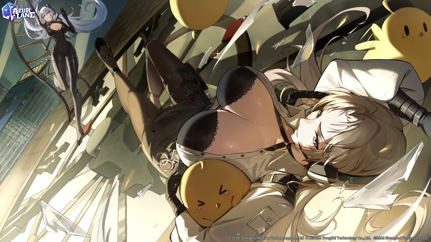2girls absurdres animal_ears arkhangelsk_(azur_lane) arkhangelsk_(grandiose_getaway)_(azur_lane) azur_lane black_bodysuit black_bra black_footwear black_gloves black_pantyhose black_skirt blonde_hair blue_eyes bodysuit bra breasts broken_glass city cleavage clenched_teeth clock clock_tower collared_shirt commentary copyright_name covered_erect_nipples cuffs curtained_hair double-parted_bangs english_commentary fake_animal_ears full_body furrowed_brow glass gloves grey_hair handcuffs headset high_heels highres kronshtadt_(azur_lane) kronshtadt_(begin_the_rush!)_(azur_lane) lace lace-trimmed_bra lace_trim ladder large_breasts logo long_hair long_sleeves manjuu_(azur_lane) miniskirt multiple_girls official_alternate_costume official_art on_ladder pantyhose parted_bangs pencil_skirt searchlight second-party_source shirt skirt sweatdrop teeth tower unbuttoned underwear upside-down watermark white_shirt wing_collar yellow_eyes yuyiosang