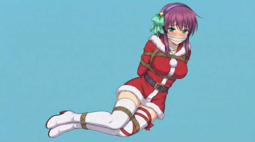 1girl alternate_costume angel_beats! arms_behind_back bdsm bell belt bilingual_commentary black_belt blue_background blush boots bound bound_legs bound_thighs bound_torso bow breasts cap_(user_dxfj5558) chinese_commentary christmas commentary_request dress full_body fur-trimmed_dress fur_trim furrowed_brow gag gagged green_bow green_eyes hair_bell hair_between_eyes hair_bow hair_ornament hairband highres improvised_gag large_breasts long_ribbon long_sleeves looking_at_viewer medium_hair mixed-language_commentary nakamura_yuri partial_commentary pom_pom_(clothes) purple_hair purple_hairband red_dress red_ribbon ribbon rope santa_costume santa_dress shibari short_dress sidelocks simple_background sitting solo straight_hair sweater tape tape_gag thighhighs thighs tsurime turtleneck turtleneck_sweater white_boots white_thighhighs yokozuwari zettai_ryouiki