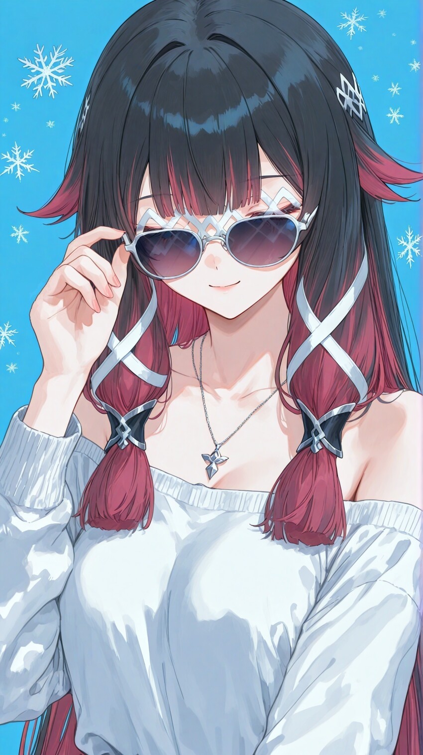 1girl absurdres adjusting_eyewear ai-generated alternate_costume bare_shoulders black_hair blue_background breasts closed_mouth collarbone columbina_(genshin_impact) commentary english_commentary eye_mask genshin_impact hair_ribbon highres jewelry long_hair mask medium_breasts multicolored_hair necklace off-shoulder_shirt off_shoulder purple_hair reinova ribbon shirt sidelocks smile snowflakes solo sunglasses tress_ribbon two-tone_hair upper_body very_long_hair white_mask white_shirt x-shaped_eyewear