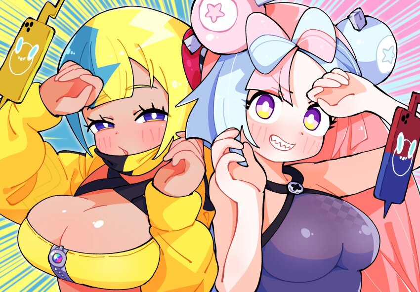 2girls aqua_hair blonde_hair blue_eyes blue_hair bow-shaped_hair breasts canari_(pokemon) character_hair_ornament cleavage dark-skinned_female dark_skin gen_4_pokemon gram_9 hair_ornament hands_up highres iono_(pokemon) jacket long_hair long_sleeves looking_at_viewer mask mouth_mask multicolored_hair multiple_girls nintendo pink_hair pokemon pokemon_legends:_z-a pokemon_sv rotom rotom_phone sharp_teeth split-color_hair teeth two-tone_hair two-tone_mask upper_body yellow_jacket zipper