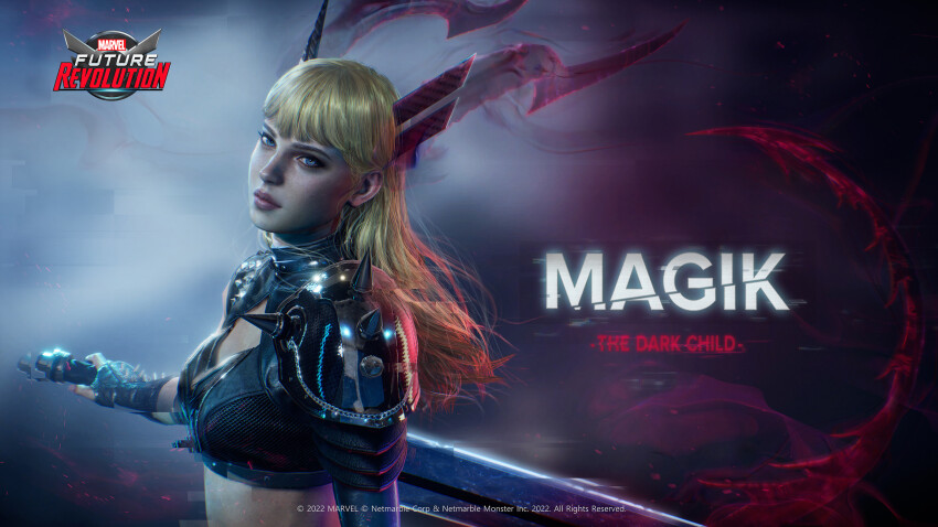 1girl 3d armor black_gloves black_shirt blonde_hair blue_eyes breasts cleavage cleavage_cutout clothing_cutout company_name copyright_logo copyright_notice gloves highres lips logo long_hair magik_(x-men) marvel marvel_future_revolution minsu_kim pauldrons shirt shoulder_armor solo spiked_pauldrons spikes sword upper_body weapon x-men