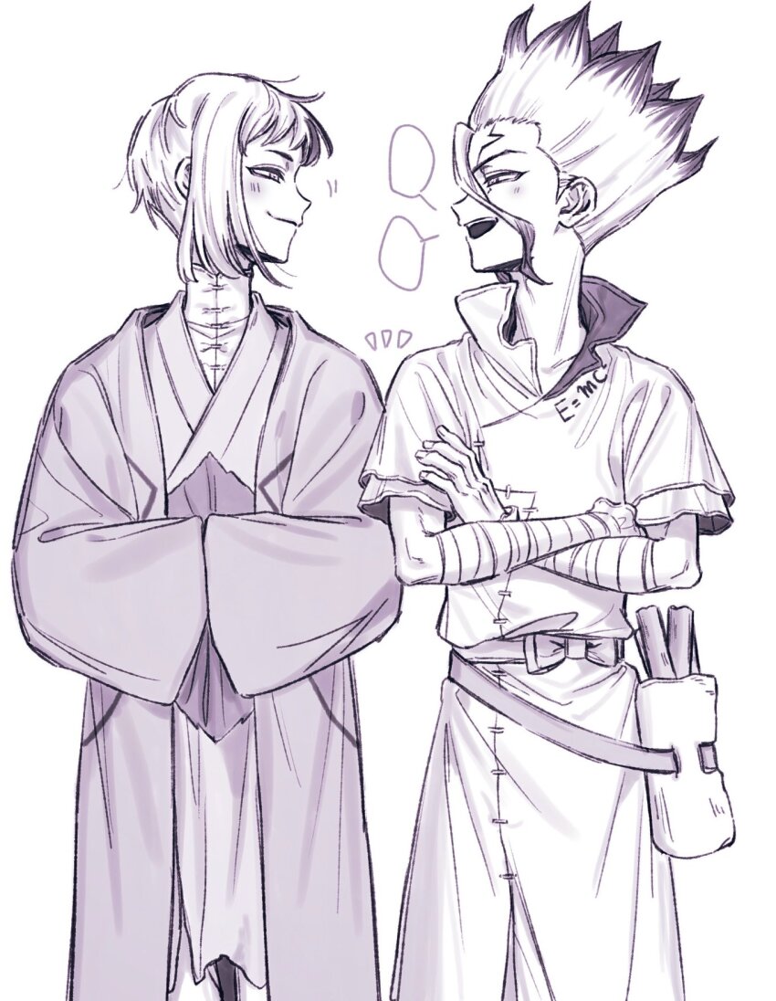 2boys asagiri_gen bag bandaged_arm bandages belt blush bow closed_mouth commentary_request cowboy_shot crossed_arms dr._stone e=mc2_(equation) eye_contact facial_mark facing_another hands_in_opposite_sleeves highres hospital_gown implied_yaoi ishigami_senkuu japanese_clothes kimono long_sleeves looking_at_another male_focus monochrome multicolored_hair multiple_boys open_mouth profile purple_theme robe short_hair short_sleeves simple_background smile smirk speech_bubble spiked_hair teeth two-tone_hair upper_teeth_only wa_ii_1441