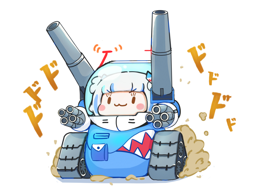 1girl :3 blunt_bangs blush_stickers caterpillar_tracks chibi cyborg full_body gatling_gun gawr_gura gundam guntank hair_ornament highres hololive hololive_english hosizora mechabare mechanization mobile_suit_gundam shark_hair_ornament shoulder_cannon solid_eyes solid_oval_eyes solo v-shaped_eyebrows virtual_youtuber weapon white_hair