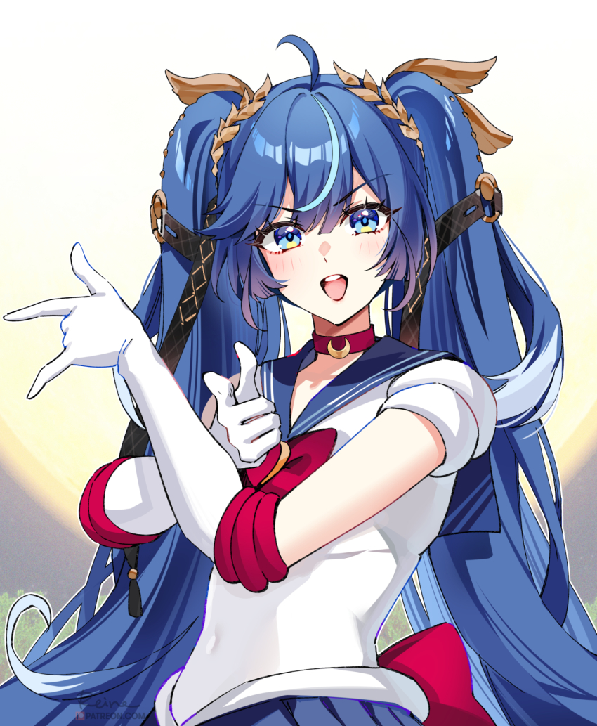1girl ahoge bishoujo_senshi_sailor_moon blue_eyes blue_hair blue_sailor_collar choker commentary cosplay foxyreine gloves hair_belt highres iuno_(wuthering_waves) laurel_crown long_hair looking_at_viewer multicolored_hair open_mouth red_choker sailor_collar sailor_moon sailor_moon_(cosplay) shirt short_sleeves signature smile solo streaked_hair tsuki_ni_kawatte_oshioki_yo twintails very_long_hair white_gloves white_shirt wuthering_waves