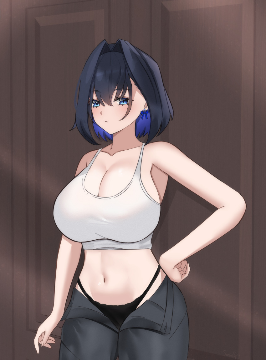 1girl absurdres bare_shoulders black_hair black_panties black_pants blue_eyes blue_hair blue_ribbon breasts cleavage closed_mouth collarbone colored_inner_hair commentary crop_top door english_commentary groin hair_between_eyes hair_intakes hand_on_own_hip highres hololive hololive_english large_breasts looking_ahead multicolored_hair navel open_fly open_pants ouro_kronii panties pants ribbon ribbon_earrings senpaisif shirt short_hair sidelocks solo standing stomach underwear virtual_youtuber wooden_door