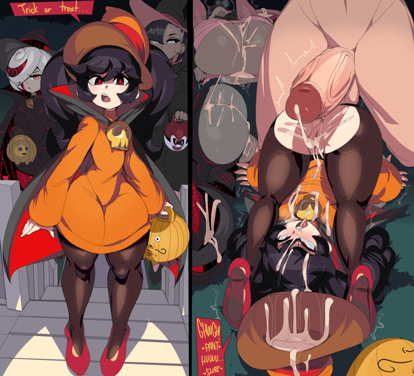 1boy 2koma 3girls absurdres after_anal after_vaginal aftersex ahegao anus aqua_eyes ashley_(warioware) ass ball_guy black_dress black_hair black_pantyhose cape captain_kirb comic crossover cum cum_in_ass cum_in_mouth cum_in_pussy cum_on_ass cum_on_body cum_on_clothes cum_on_upper_body cum_pool dress erection facial flat_chest halloween halloween_bucket halloween_costume hat highres instant_loss koco_(sonic) loli marnie_(pokemon) multicolored_hair multiple_girls nintendo orange_dress pantyhose piledriver_(sex) pink_pantyhose pokemon pokemon_swsh pussy pussy_juice red_footwear red_hair sage_(sonic) sonic_(series) sonic_frontiers sweat tagme torn_clothes torn_pantyhose trick_or_treat twitching two-tone_hair warioware warioware:_gold white_hair witch_hat
