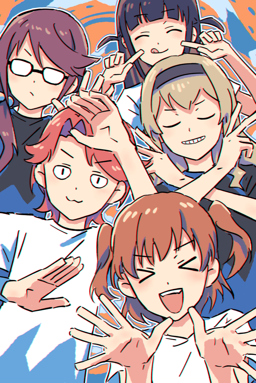 >_< <|>_<|> 5girls :3 :d aijou_karen black_hairband black_shirt blue_background brown_hair closed_eyes closed_mouth commentary curtained_hair facing_viewer glasses hair_bobbles hair_ornament hairband highres hoshimi_junna isurugi_futaba low_side_ponytail medium_hair multiple_girls opaque_glasses open_mouth orange_background outline parody purple_hair red_hair saijou_claudine shirt short_hair short_sleeves shoujo_kageki_revue_starlight side_ponytail smile t-shirt teeth tsuyuzaki_mahiru two_side_up u_u upper_teeth_only v-shaped_eyebrows white_outline white_shirt xd yona_yona_dance yukitake_(bullfalk)