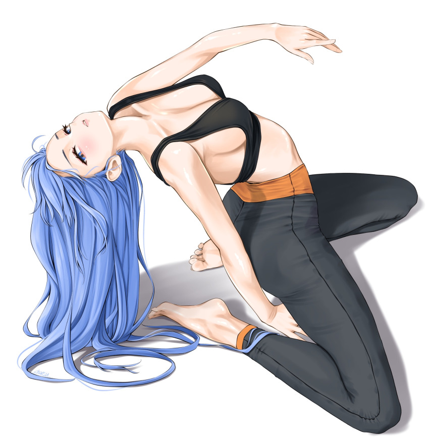 1girl barefoot blue_eyes blue_hair breasts chaesu feet highres leggings light_blush long_hair looking_at_viewer original parted_lips soles stretching toes