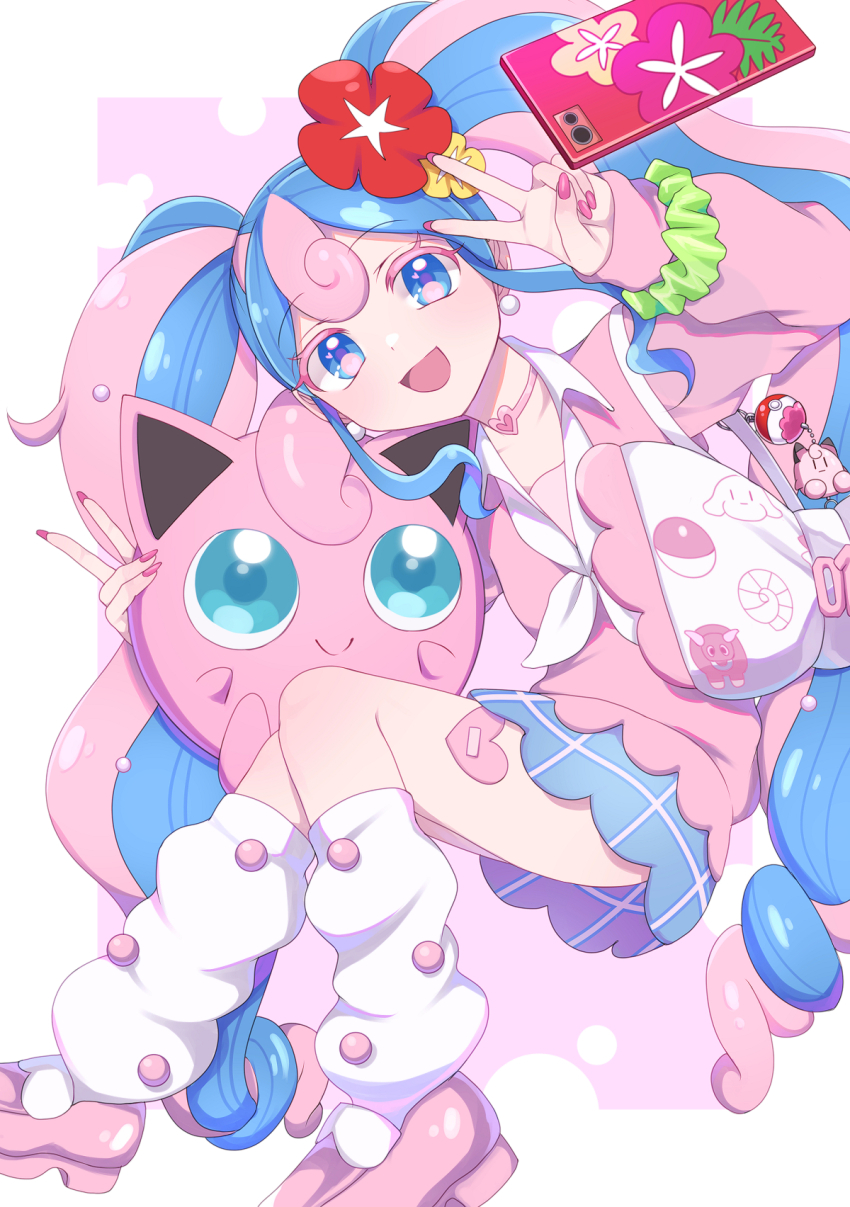 1girl 1other aqua_hair aqua_skirt blue_eyes blue_hair blush cellphone choker collar colored_eyelashes commentary_request earrings fairy_miku_(project_voltage) fingernails flower gen_1_pokemon green_scrunchie hair_between_eyes hair_flower hair_ornament hatsune_miku heart heart_choker highres jacket jewelry jigglypuff leg_warmers loafers looking_at_another looking_at_viewer microphone miniskirt nail_polish neckerchief nintendo official_alternate_costume official_alternate_hairstyle one_eye_closed open_mouth phone pink_choker pink_hair pink_jacket pink_nails pink_shirt pinyata_(pinyaland) plaid_clothes plaid_skirt pokemon pokemon_(creature) project_voltage red_flower scrunchie shirt shoes skirt smartphone smile twintails v vocaloid white_collar white_leg_warmers white_neckerchief wrist_scrunchie yellow_flower