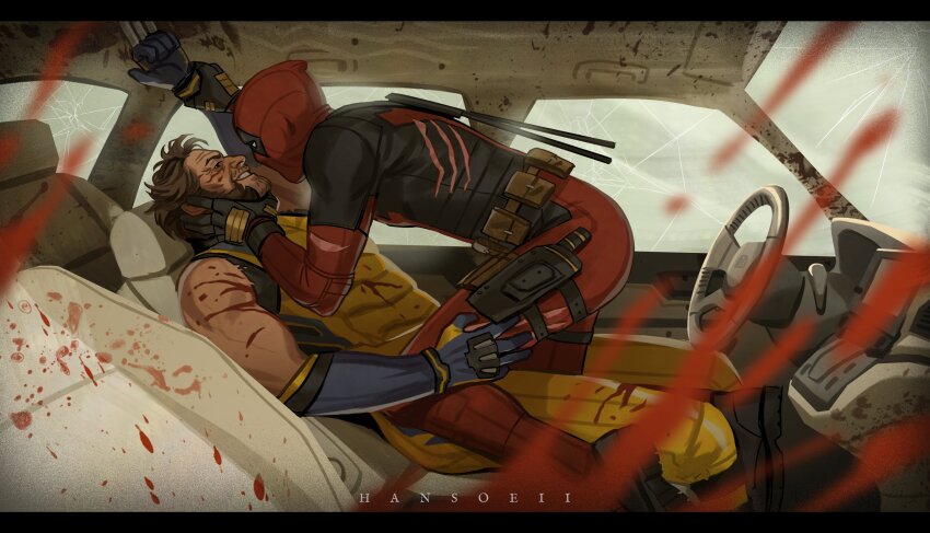 2boys absurdres arm_up belt belt_pouch blood blood_on_arm blood_on_clothes blood_on_face blood_splatter blue_gloves broken_window brown_belt brown_eyes brown_hair car car_interior claw_(weapon) commentary curled_fingers deadpool deadpool_&amp;_wolverine deadpool_(series) elbow_gloves english_commentary eye_contact facial_hair feet_out_of_frame gloves hand_on_another's_neck hand_on_another's_thigh hand_on_another's_wrist hansoeii highres holster looking_at_another male_focus marvel motor_vehicle multiple_boys no_pupils pouch reclining red_mask sitting smile steering_wheel straddling superhero_costume teeth thigh_holster torn_clothes twitter_username weapon white_eyes wolverine_(x-men) x-men yaoi