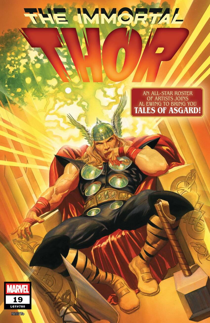 1boy absurdres alex_ross axe blonde_hair blue_eyes boots cape comic_cover copyright_logo copyright_name cover cover_page covered_abs covering_own_mouth dutch_angle english_text helmet highres logo long_hair looking_at_viewer male_focus marvel mjolnir_(marvel) muscular muscular_male official_art planted planted_axe red_cape sitting_on_throne solo spread_legs thor_(marvel) thor_(marvel)_(series) throne western_comics_(style) winged_helmet yellow_boots yggdrasil