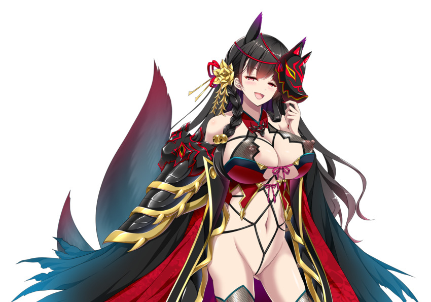 1girl animal_ears bare_shoulders bdsm bell black_hair blush bondage bound braid breasts chikubi_(artist) cleavage corruption covered_erect_nipples cowboy_shot crotch_rope dark_persona female_focus flower fox_ears fox_mask fox_tail game_cg hair_ornament holding huge_breasts kusarou large_variant_set long_hair looking_at_viewer mahou_shoujo_inori mask mask_on_head morita_ouka navel nipples non-web_source official_art open_mouth red_eyes rope shibari simple_background smile solo standing tail thighhighs torn_clothes transparent_background twin_braids variant_set white_background