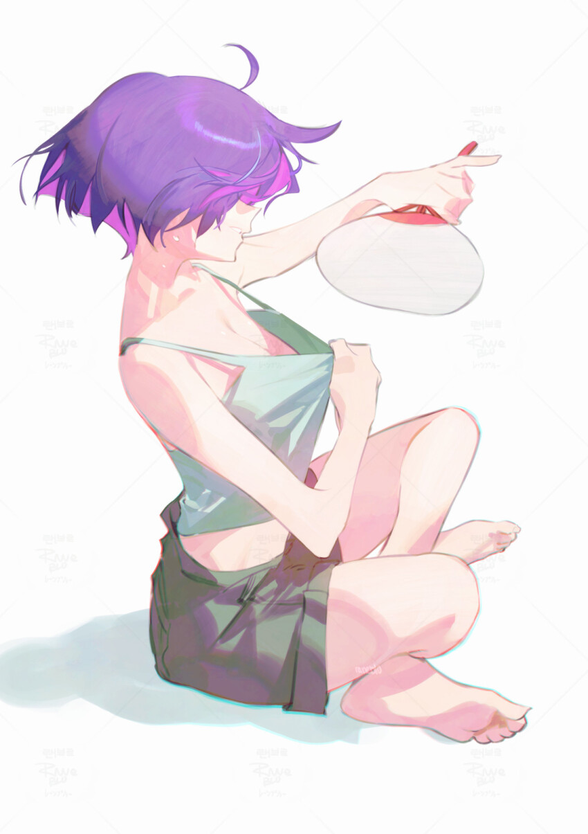 1girl artist_name bare_shoulders barefoot black_shorts breasts camisole cleavage crop_top fanning_self from_side full_body grey_shirt hand_fan hand_up highres indian_style mara_(raneblu) original paper_fan parted_lips purple_hair raneblu shirt short_hair shorts sideways_mouth simple_background sitting small_breasts solo sweat toes uchiwa watermark white_background