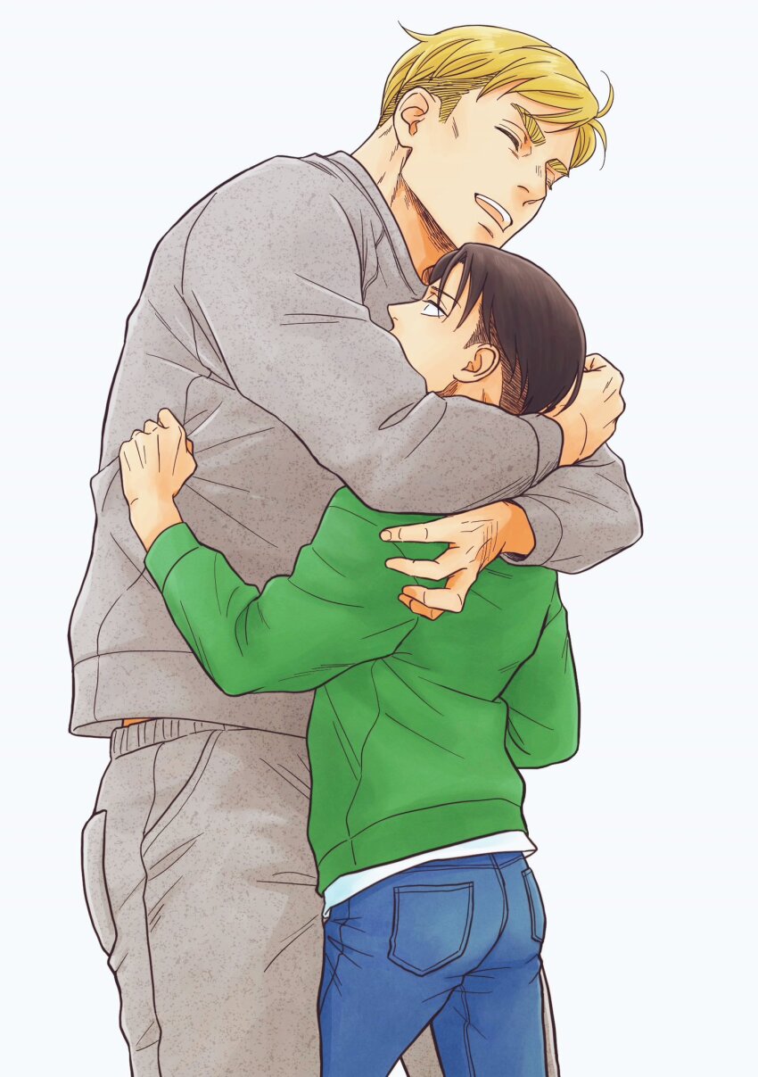 2boys arms_around_neck blonde_hair blue_pants brown_hair closed_eyes clothes_grab commentary_request erwin_smith feet_out_of_frame grabbing_another's_shirt green_sweater grey_pants grey_sweater highres ikichi8tkjn levi_(shingeki_no_kyojin) long_sleeves male_focus multiple_boys open_mouth pants shingeki_no_kyojin shirt short_hair short_sideburns sideburns smile standing sweater teeth thick_eyebrows upper_teeth_only white_background white_shirt