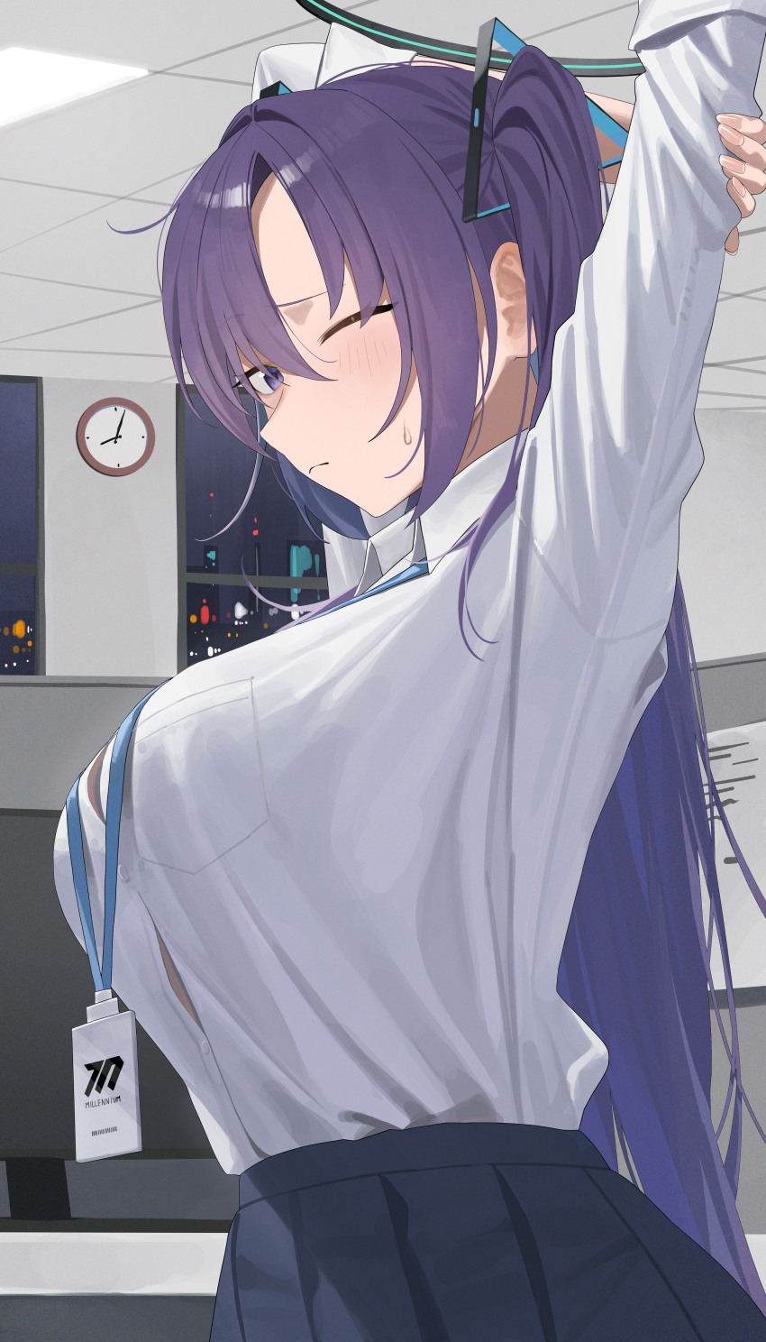1girl absurdres arms_up black_halo black_skirt blue_archive blush breast_pocket breasts clock closed_mouth collared_shirt commentary dress_shirt from_side frown halo highres id_card indoors lanyard large_breasts long_hair looking_at_viewer mm_(mhm2592) one_eye_closed pleated_skirt pocket purple_eyes purple_hair shirt skirt solo stretching sweatdrop two_side_up upper_body wall_clock white_shirt yuuka_(blue_archive)