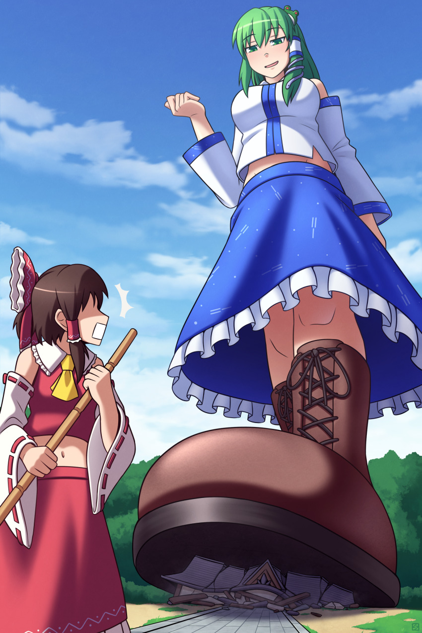2girls absurdres alternate_size artist_logo ascot bare_shoulders blue_skirt blue_sky blue_sleeves blue_vest boots bow breasts broom brown_boots brown_hair cloud cloudy_sky collared_vest commentary day detached_sleeves english_commentary forest frilled_bow frilled_hair_tubes frilled_skirt frills frog_hair_ornament giant giantess green_eyes green_hair groin hair_between_eyes hair_ornament hair_tubes hakurei_reimu hakurei_shrine hand_up hands_up highres holding holding_broom impossible_clothes impossible_vest knee_boots kochiya_sanae lace-up_boots logo long_hair long_skirt looking_at_another looking_down medium_breasts medium_hair medium_skirt midriff midriff_peek multiple_girls nature navel no_eyes open_mouth outdoors raised_eyebrows red_bow red_ribbon red_skirt red_vest ribbon ribbon-trimmed_sleeves ribbon_trim rubble ruins sidelocks single_hair_tube skirt skirt_set sky small_breasts smile snake_hair_ornament straight_hair surprised thunderafterdark touhou two-tone_bow two-tone_sleeves two-tone_vest vest watermark white_bow white_sleeves white_vest yellow_ascot