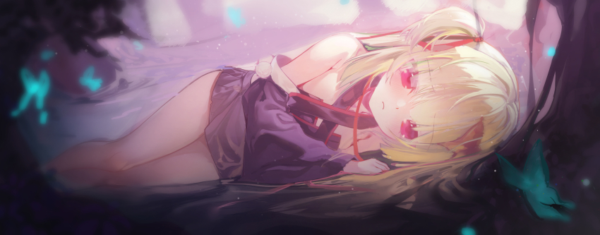 1girl backlighting bare_shoulders black_kimono black_skirt blue_butterfly blunt_bangs blunt_ends blush breasts bug butterfly butterfly_hair_ornament closed_mouth commentary criss-cross_halter day forest frown green_hair hair_ornament hair_ribbon halterneck highres hime_cut insect japanese_clothes kimono light_particles long_hair long_ribbon long_sleeves looking_at_viewer lying miniskirt muchun_(2571268436) murasame_(senren) nature on_side outdoors pleated_skirt pom_pom_(clothes) red_eyes red_ribbon ribbon senren_banka sidelocks skirt small_breasts solo thighs two_side_up water wide_sleeves