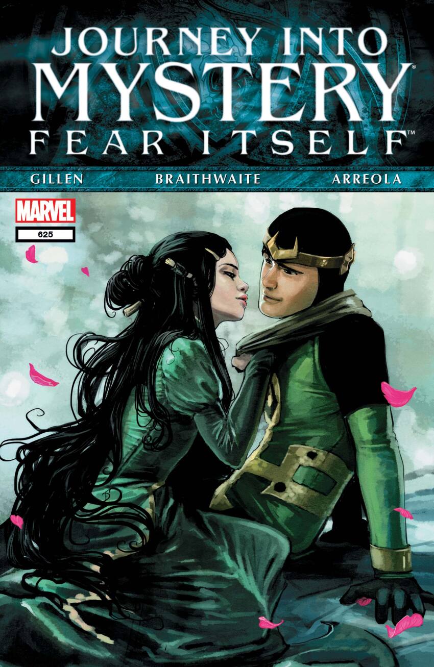 1boy 1girl absurdres aged_down arm_support black_eyes black_gloves black_hair circlet clothes_grab comic_cover company_name copyright_logo copyright_name cover cover_page dress english_text gloves gold_circlet grabbing_another's_shirt green_dress green_tunic grey_background hair_ornament hair_stick hairclip highres juliet_sleeves kid_loki leah_of_hel logo loki_(marvel) long_hair long_sleeves marvel official_art petals pink_lips pink_petals profile puffy_sleeves sitting stephanie_hans thor_(marvel)_(series) tunic western_comics_(style)