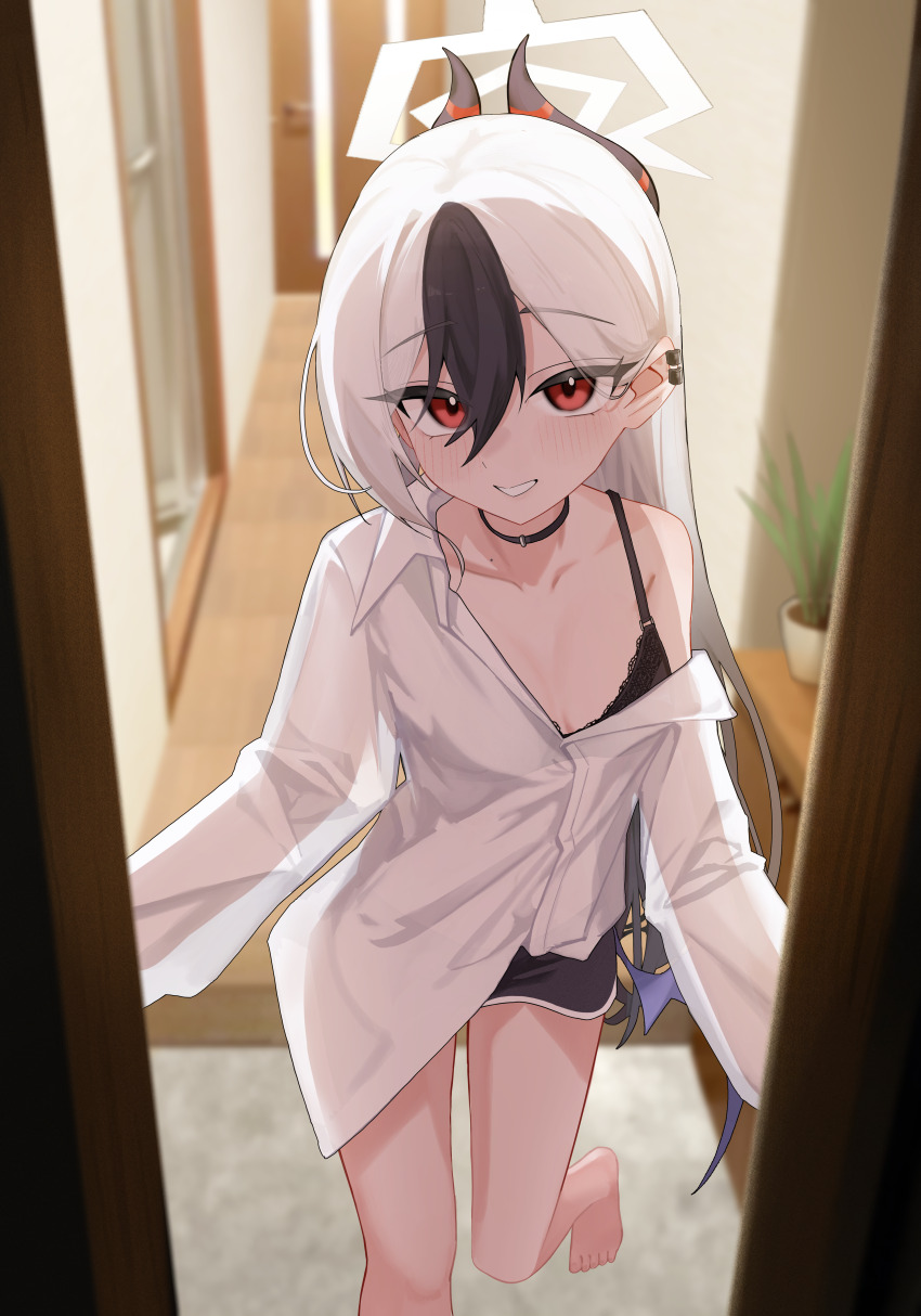 1girl absurdres barefoot black_bra black_hair black_horns black_shorts blue_archive bra breasts commentary_request demon_girl demon_horns dolphin_shorts grey_hair grey_halo halo highres horns kayoko_(blue_archive) multicolored_hair pov red_eyes revision ryoya shirt short_shorts shorts single_bare_shoulder small_breasts solo thighs two-tone_hair underwear white_shirt