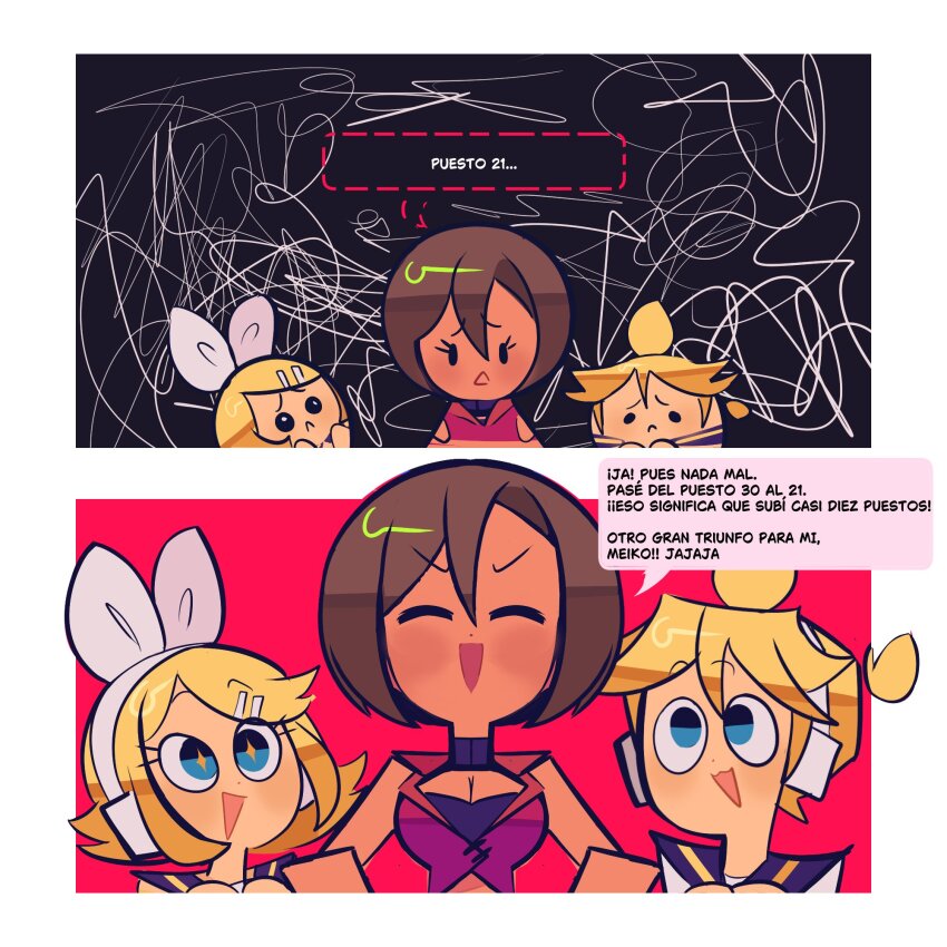 +_+ 1boy 2girls 2koma bare_shoulders black_background black_sailor_collar blonde_hair blue_eyes border breasts brown_hair cleavage closed_eyes closed_mouth comic crop_top dot_nose emoji hair_be hair_between_eyes hair_ornament hair_ribbon hairclip headphones jacket kagamine_len kagamine_rin large_breasts meiko_(vocaloid) mob_face multiple_girls open_mouth pleading_face_emoji rainelyn00 red_background red_jacket ribbon sailor_collar shirt smile spanish_text speech_bubble toon_(style) translation_request triangle_mouth vocaloid white_border white_ribbon white_shirt |_|