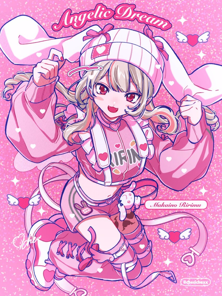 1girl :d beanie brown_hair character_name cherichuxx chest_harness clothes_writing cropped_jacket cross-laced_clothes cross-laced_legwear earflap_beanie english_text fangs floating_hair full_body harness hat highres jacket leg_tattoo long_hair looking_at_viewer loose_socks makaino_ririmu midriff multicolored_hair nail_polish navel nijisanji open_mouth pink_eyes pink_hair pink_jacket pink_shorts pointy_ears ringlets shoes short_shorts shorts smile sneakers socks solo stomach streaked_hair tattoo thighhighs track_jacket twitter_username two-tone_hair virtual_youtuber winged_heart winged_heart_tattoo