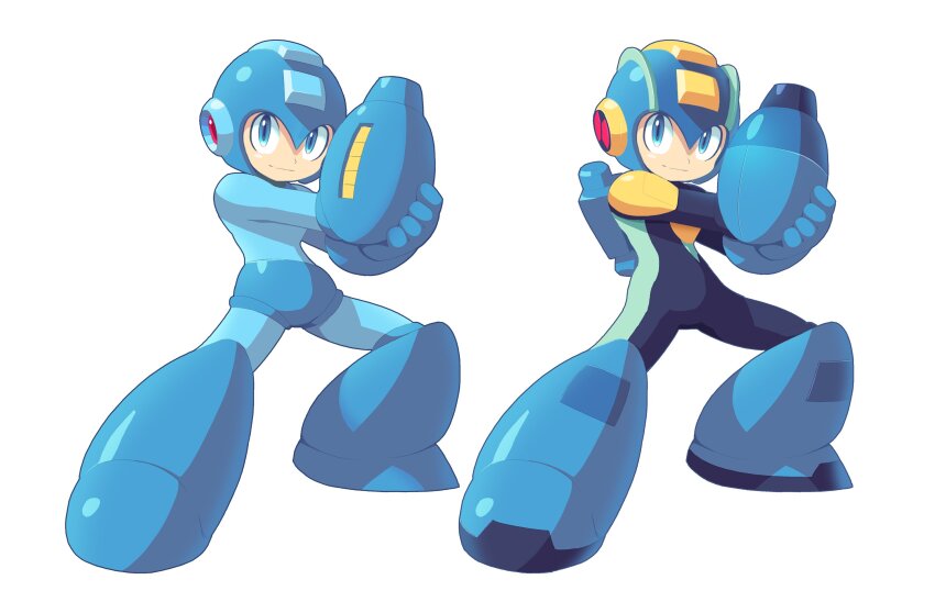 android arm_cannon blue_eyes blue_helmet bodysuit commentary cosplay english_commentary helmet highres holding in-franchise_crossover looking_at_viewer male_focus mega_man_(character) mega_man_(classic) mega_man_(series) mega_man_battle_network_(series) megaman.exe megaman.exe_(cosplay) robot simple_background smile tagme ultimatemaverickx weapon white_background