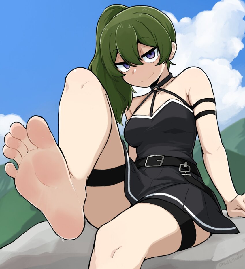 1girl arm_strap armpit_crease bare_legs bare_shoulders barefoot belt black_belt black_dress blue_sky breasts closed_mouth cloud collarbone commentary day double-parted_bangs dress english_commentary feet foot_focus foot_out_of_frame foreshortening green_hair hair_between_eyes highres jitome legs long_hair looking_at_viewer medium_breasts outdoors pleated_dress purple_eyes short_dress side_ponytail sitting sky sleeveless smile softhanten soles solo sousou_no_frieren sweatdrop thigh_strap toes ubel_(sousou_no_frieren)