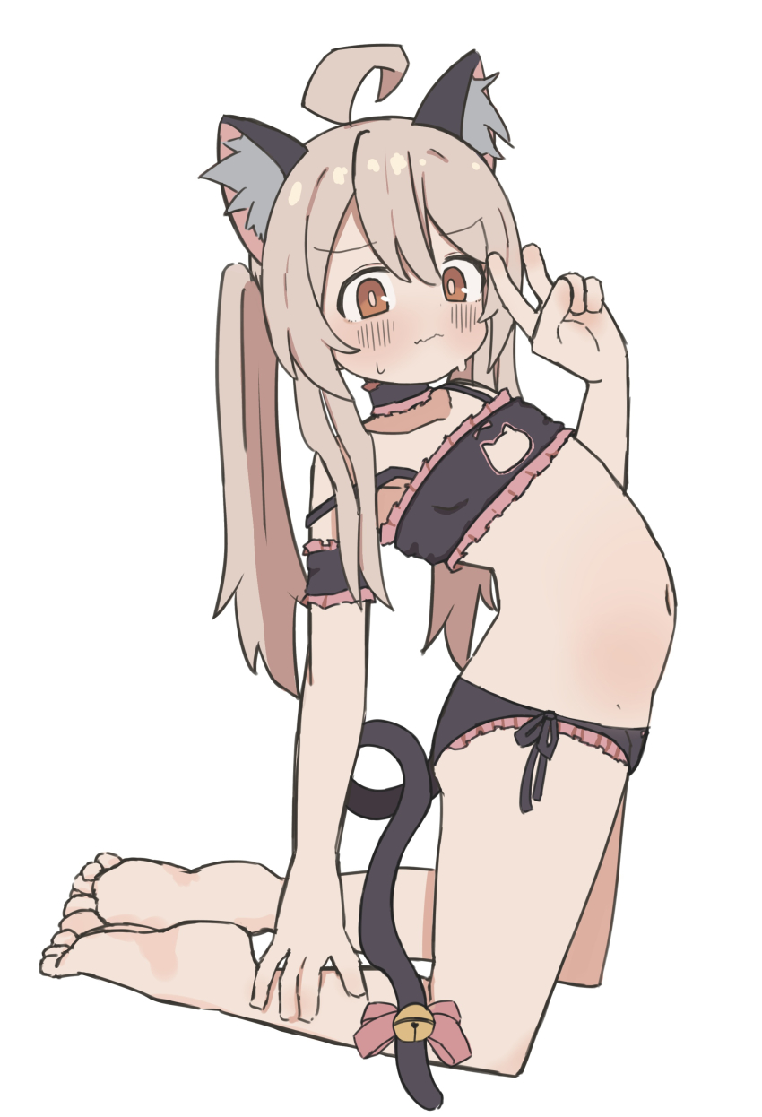 1girl 3d absurdres ahoge animal_ears axys black_bra black_panties blush bra breasts brown_hair cat_ears cat_tail commentary fake_animal_ears hair_between_eyes highres lingerie loli long_hair looking_at_viewer navel onii-chan_wa_oshimai! orange_eyes oyama_mahiro panties simple_background small_breasts solo tail twintails underwear v white_background