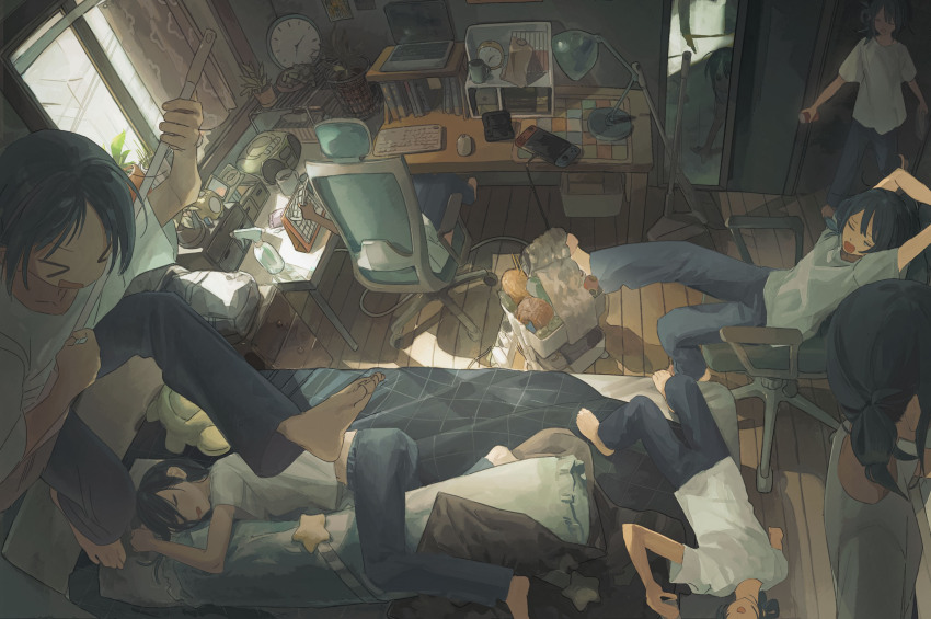 >_< analog_clock barefoot bed bedroom black_hair boombox bottle clock closed_eyes computer computer_keyboard desk desk_lamp different_reflection handheld_game_console highres indoors jumping lamp laptop mirror nintendo_3ds nintendo_switch open_mouth original pants pillow plant potted_plant reflection sequential_exposures shdpska368 shirt short_sleeves sitting sleeping spray_bottle standing stretching t-shirt unconventional_guitar white_shirt window wooden_floor