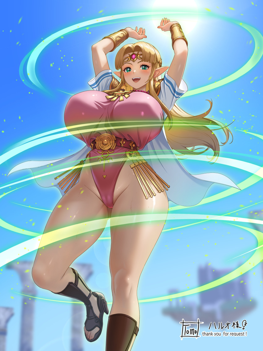 1girl :d absurdres adapted_costume alternate_breast_size_(larger) blonde_hair blue_sky breasts cape circlet commentary_request curvy green_eyes high_heel_sandals highres huge_breasts leotard looking_at_viewer magic nintendo open_mouth pink_leotard pointy_ears princess_zelda sandals sky smile solo super_smash_bros. the_legend_of_zelda tomo_eokaiteru white_cape