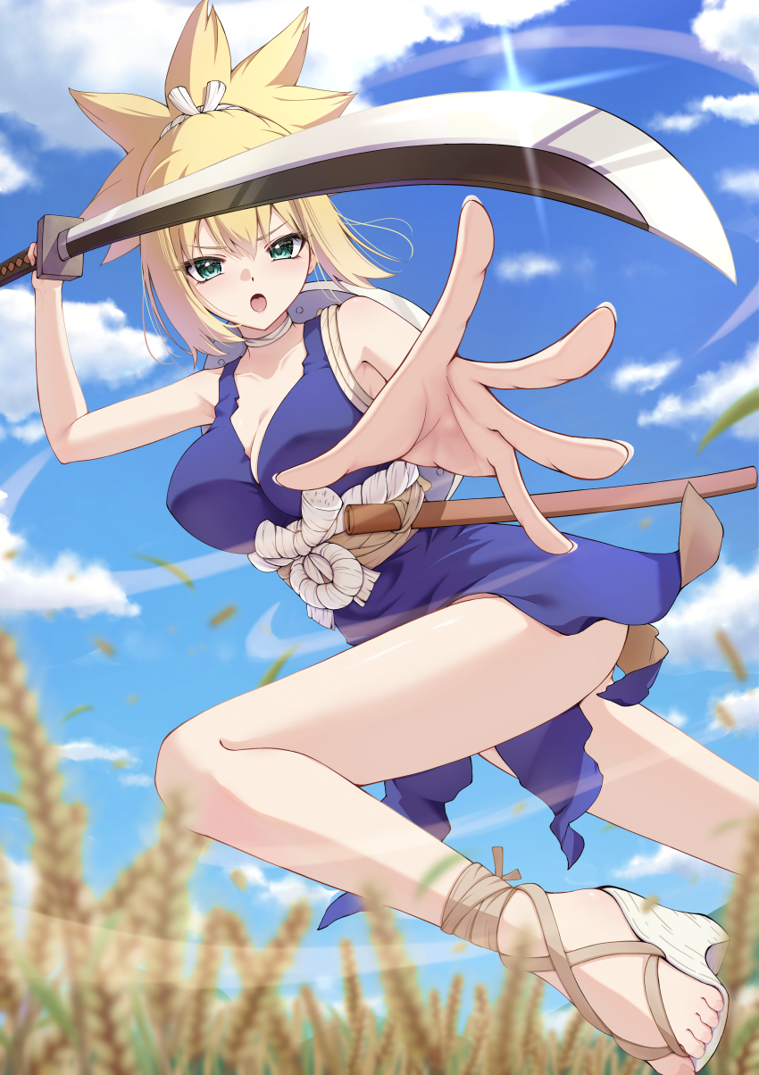 1girl absurdres blonde_hair blue_sky breasts commentary_request dr._stone green_eyes highres katana kohaku_(dr._stone) large_breasts looking_at_viewer looking_to_the_side mira_bluesky3 open_mouth sky sword weapon