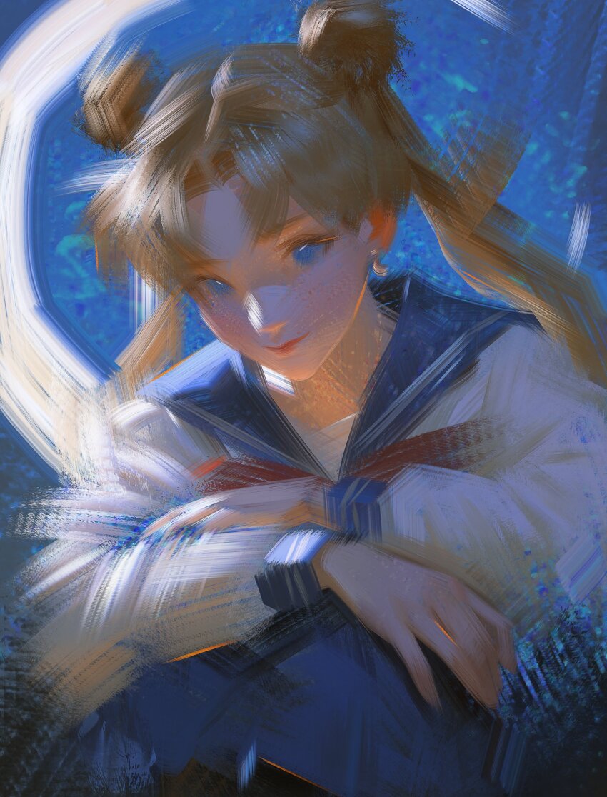 1girl bishoujo_senshi_sailor_moon blue_skirt collarbone commentary crescent double_bun earrings english_commentary hair_bun highres jewelry nyte_tyde sailor_moon shirt skirt solo tsukino_usagi twintails upper_body white_shirt