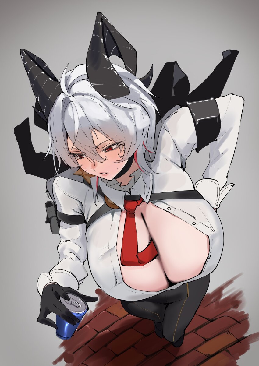 1girl absurdres black_horns blush breasts can chest_harness choker cleavage collared_shirt commentary_request drink_can grey_hair harness highres horns large_breasts long_sleeves necktie pants red_eyes s4ika shirt solo white_shirt wuthering_waves zani_(wuthering_waves)