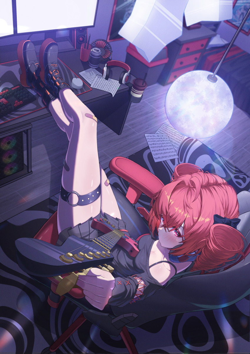 1girl bandaid bandaid_on_leg bare_shoulders bed bedroom black_shoes blush breasts chair cleavage commentary_request computer computer_keyboard computer_mouse drill_hair guitar hair_between_eyes headphones highres holding instrument kasane_teto ko_otori127 looking_at_viewer lying medium_hair monitor on_chair pen red_eyes red_hair shoes sitting skirt small_breasts solo thigh_strap twin_drills vocaloid
