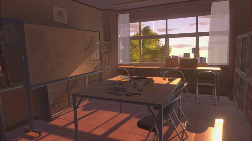 3d absurdres abydos_high_school_logo assault_rifle blue_archive book bookshelf box bullet cardboard_box chair chinese_commentary cloud coffee_mug commentary commentary_request cup curtains drawing_(object) english_commentary folding_chair gradient_sky gun handgun highres indoors m16 magazine_(weapon) map_(object) mixed-language_commentary mug no_humans pen pencil portrait_(object) purple_sky rifle ring_of_light_(blue_archive) scenery school scissors sky sticky_note sunrise tree weapon weapon_request whiteboard whiteghost03 window yellow_sky