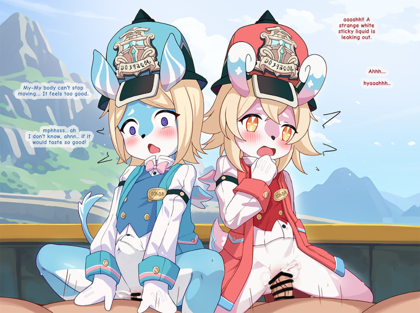 2boys 2girls @_@ aeval_(genshin_impact) bar_censor blue_fur blue_hat blue_jacket blue_vest blush bottomless censored closed_mouth commentary commission cum cum_in_pussy cum_overflow ejaculation elphane_(genshin_impact) english_commentary english_text furry furry_female genshin_impact group_sex hat jacket loli long_sleeves luxuriou_s melusine_(genshin_impact) multiple_boys multiple_girls navel open_mouth orange_eyes orgy paid_reward_available penis pink_fur purple_eyes pussy pussy_juice red_hat red_jacket red_vest sex stomach_bulge vaginal variant_set veins veiny_penis vest