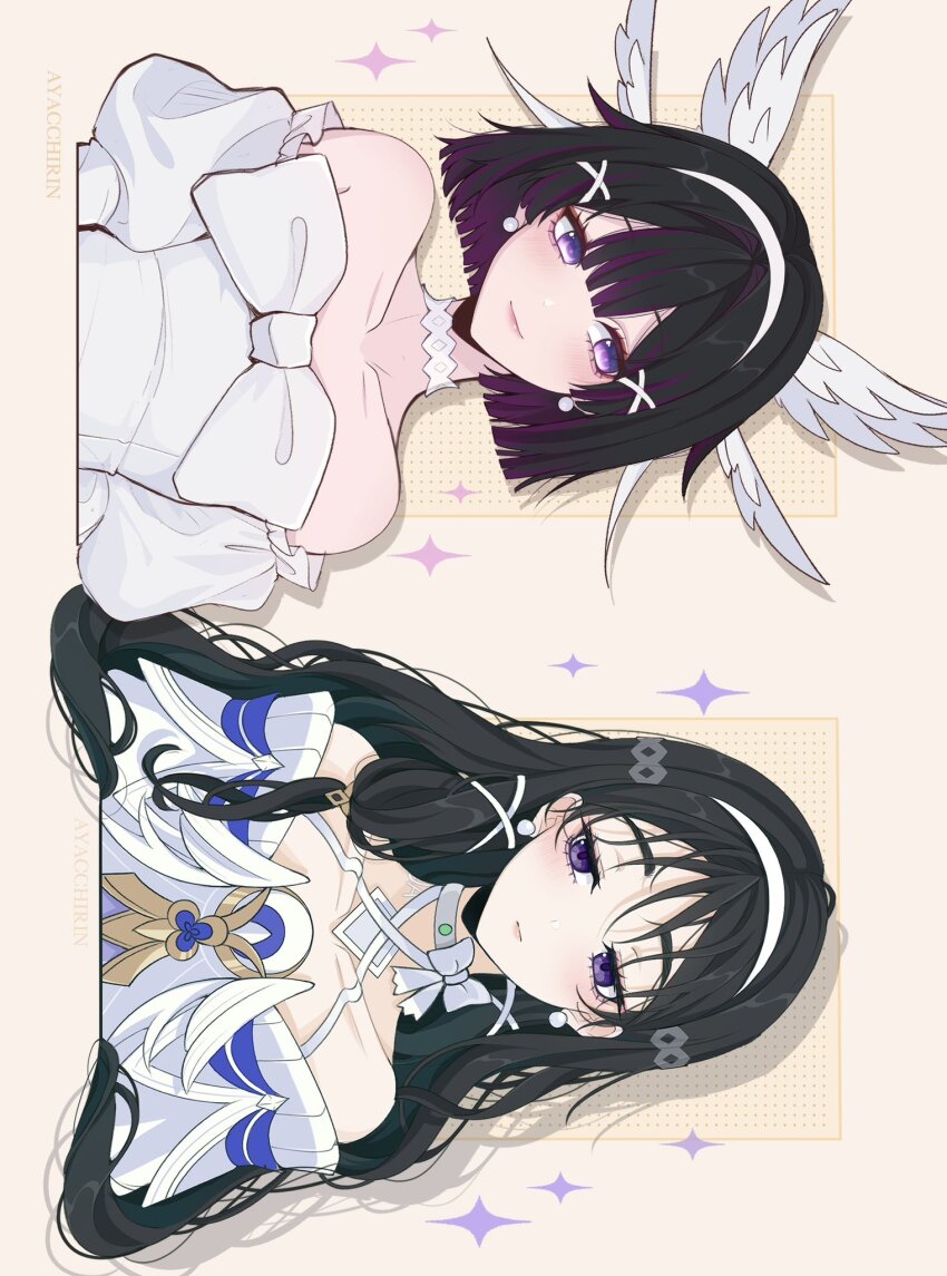 2girls ayacchirin bare_shoulders black_hair choker columbina_(genshin_impact) columbina_(genshin_impact)_(cosplay) commentary cosplay costume_switch crossover dress english_commentary genshin_impact hairband head_wings highres long_hair multicolored_hair multiple_girls off-shoulder_dress off_shoulder purple_eyes short_hair sideways sua_(alien_stage) sua_(alien_stage)_(cosplay) two-tone_hair white_choker white_dress white_hairband white_wings wings