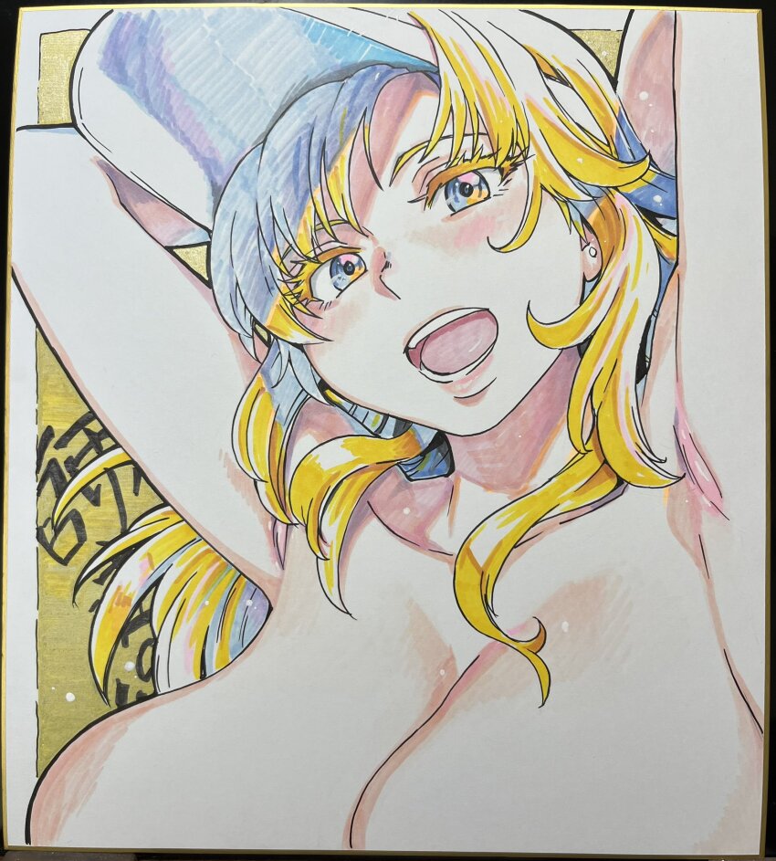 1girl arms_up blonde_hair blue_eyes blush breasts colorized commentary_request earrings hat highres huge_breasts jewelry long_hair nude nudist_beach_ni_shuugakuryokou_de!! open_mouth shikishi shiwasu_no_okina signed solo sun_hat suomi-sensei tagme teacher traditional_media yellow_background
