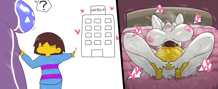 1boy 1girl bed bedroom before_and_after bouncing_breasts breasts dress enigi09 frisk_(undertale) furry furry_female furry_with_non-furry goat_girl heart highres hotel hotel_room interspecies large_breasts mating_press mature_female monster monster_girl nipple_stimulation nipple_tweak nipples nude rough_sex sex shota shotadom size_difference spoken_heart tongue tongue_out toriel undertale utdr_(toby_fox) white_fur
