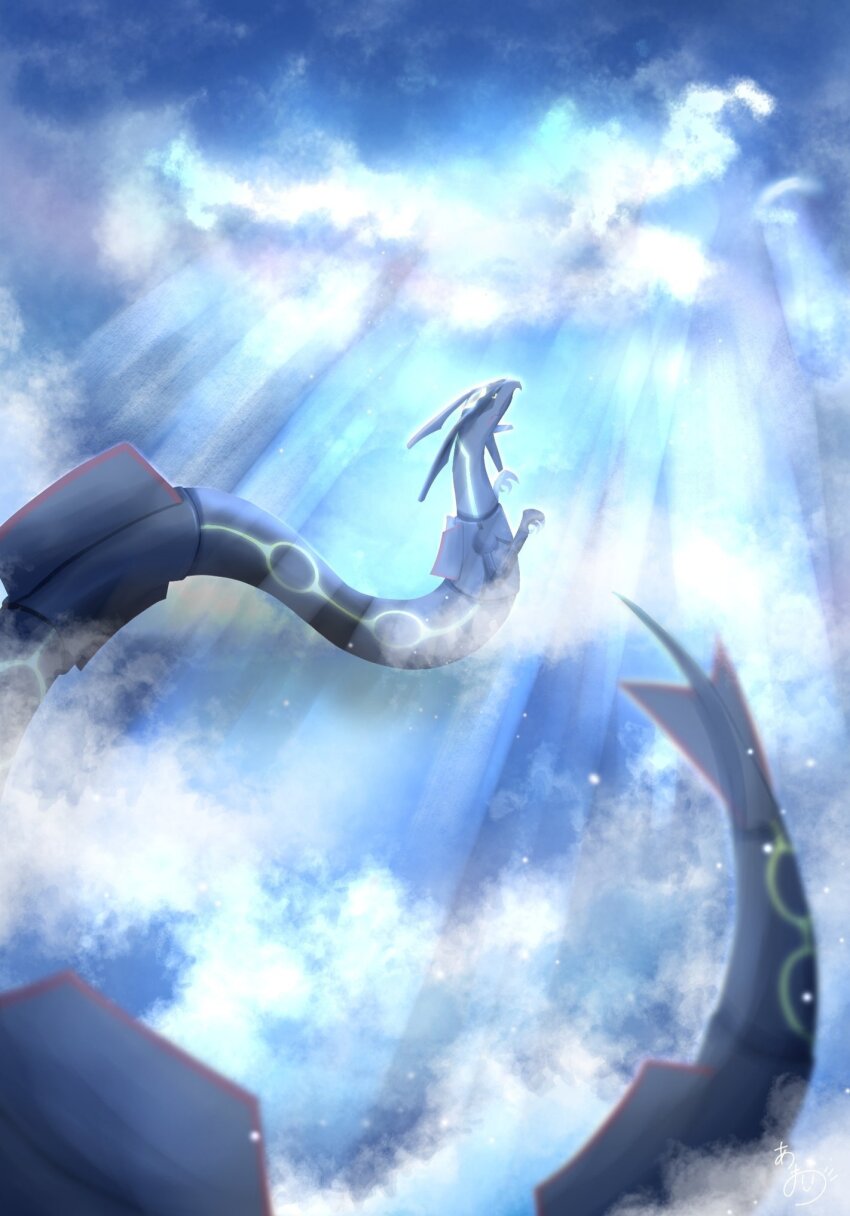 alternate_color black_sclera claws cloud colored_sclera commentary_request dragon eastern_dragon flying gen_3_pokemon highres legendary_pokemon natu_a0z0ra nintendo no_humans pokemon pokemon_(creature) pokemon_focus rayquaza shiny_pokemon sky solo