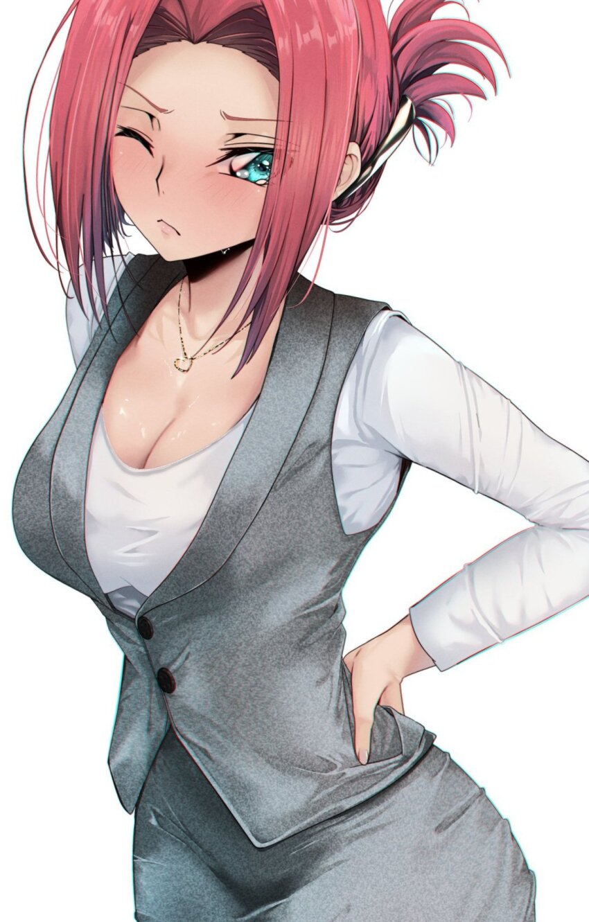 1girl blue_eyes breasts budgiepon chain chain_necklace closed_mouth code_geass female_focus hand_on_own_hip highres jewelry kouzuki_kallen large_breasts light_blush long_sleeves medium_hair necklace office_lady one_eye_closed parted_bangs red_hair simple_background solo solo_focus white_background