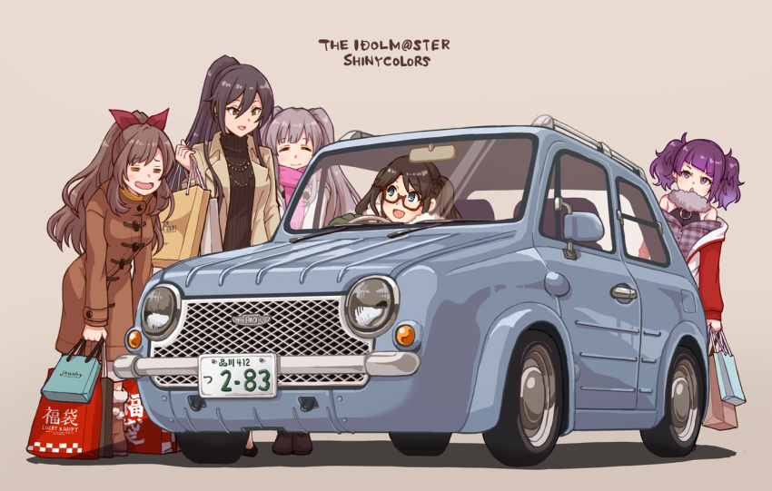 5girls =_= bag black_boots black_hair black_shoes black_sweater blue_eyes boots brown_boots brown_coat brown_hair car closed_eyes closed_mouth coat commentary_request copyright_name duffel_bag fur-trimmed_boots fur_collar fur_trim glasses grey_background grey_hair hand_up holding holding_bag idolmaster idolmaster_shiny_colors jacket jewelry l'antica_(idolmaster) leaning_forward license_plate looking_at_another mitsumine_yuika motor_vehicle multiple_girls necklace nissan nissan_pao open_clothes open_coat open_jacket open_mouth pink_scarf ponytail purple_eyes purple_hair red-framed_eyewear red_jacket ribbed_sweater satomura_kyou scarf semi-rimless_eyewear shirase_sakuya shoes shopping_bag short_hair simple_background smile standing sweater tanaka_mamimi tsukioka_kogane turtleneck turtleneck_sweater twintails yukoku_kiriko