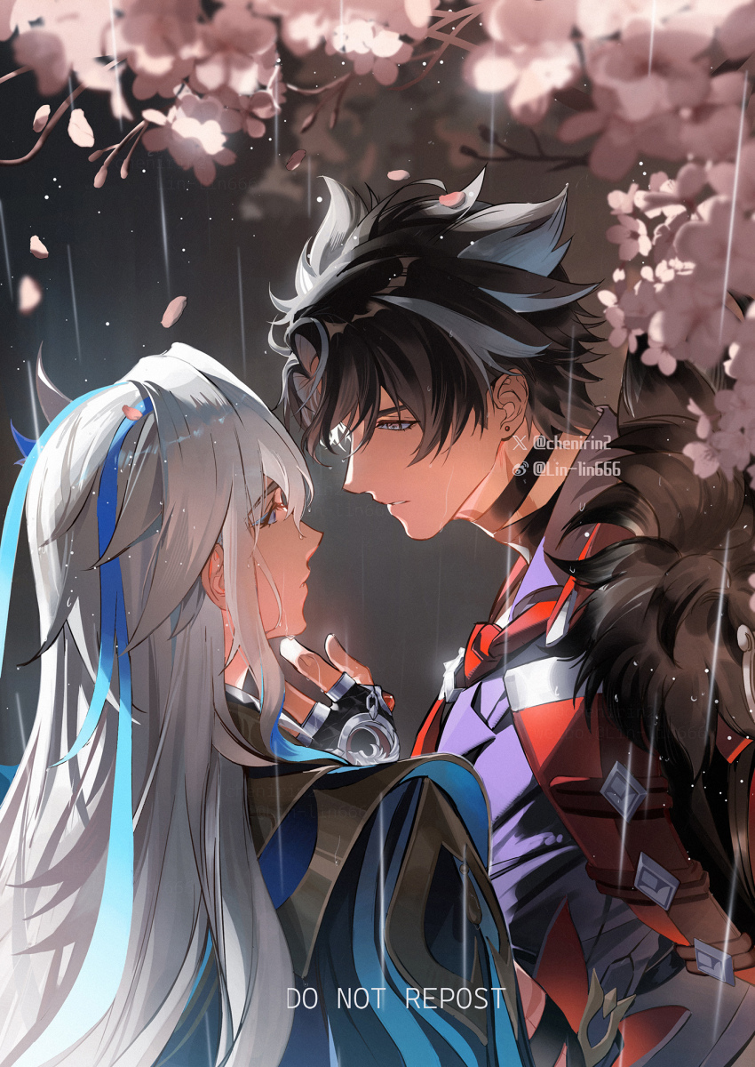 2boys artist_name bandaged_arm bandaged_neck bandages black_coat black_gloves black_hair black_shirt blue_coat blue_eyeliner blue_eyes blue_hair branch coat coat_on_shoulders collared_shirt commentary earrings eye_contact eyeliner falling_petals fingerless_gloves flower fur-trimmed_coat fur_trim genshin_impact gloves grey_hair grey_vest hair_between_eyes hand_up highres jewelry long_hair looking_at_another makeup male_focus multicolored_hair multiple_boys necktie neuvillette_(genshin_impact) parted_lips petals pink_flower purple_eyes rain red_necktie rin_(chenirin2) scar scar_on_arm scar_on_neck shirt short_hair short_sleeves streaked_hair stud_earrings symbol-only_commentary twitter_username twitter_x_logo two-sided_coat two-sided_fabric upper_body vest watermark weibo_username weibo_watermark wet wet_hair white_hair wriothesley_(genshin_impact) yaoi