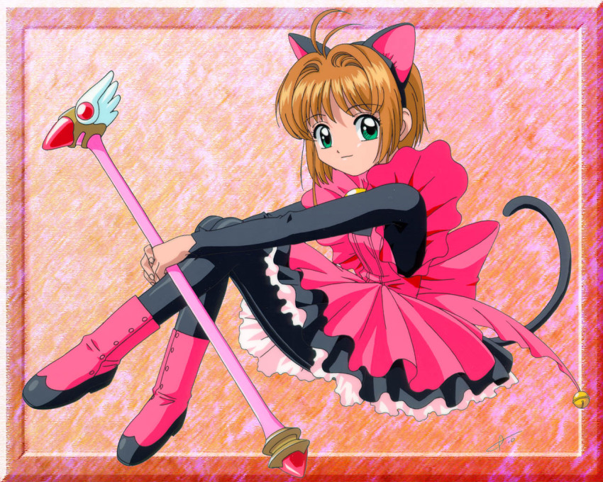 1girl animal_ear_hairband animal_ears back_bow bad_id bell black_dress black_hairband black_pantyhose boots bow brown_hair cardcaptor_sakura cat_ears cat_tail child closed_mouth dress fake_animal_ears fake_tail frilled_dress frills full_body fuuin_no_tsue gift_art green_eyes hair_intakes hairband holding holding_wand hugging_own_legs itou_katsunobu jingle_bell kinomoto_sakura kinomoto_sakura_(kitty) knees_up light_smile pantyhose pink_boots pink_bow pink_dress second-party_source short_hair signature sitting solo tail wand