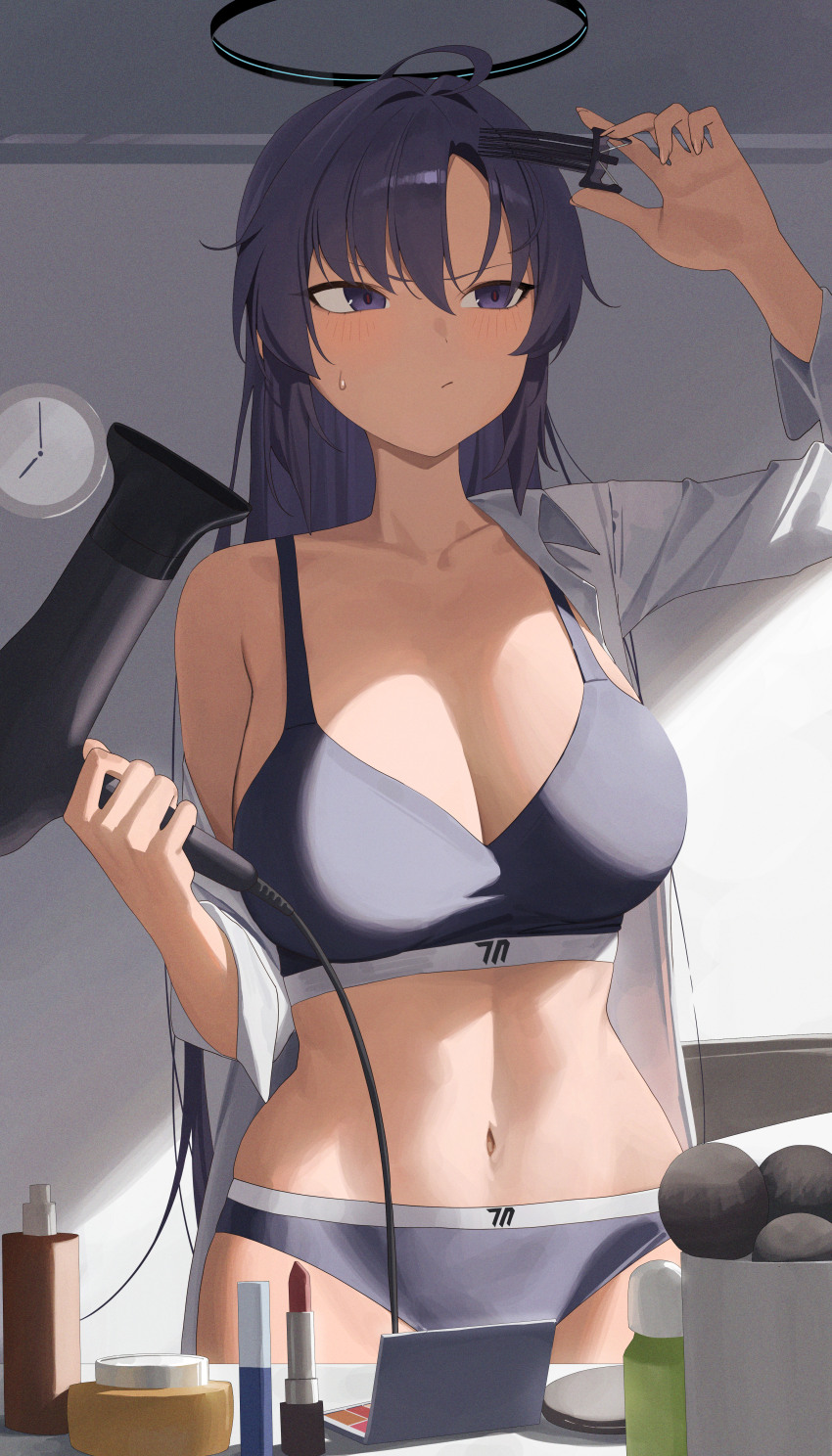 1girl :/ absurdres black_halo blue_archive blush breasts buruma cleavage clock commentary cosmetics drying drying_hair drying_own_hair hair_dryer halo highres holding holding_hair_dryer large_breasts long_hair mm_(mhm2592) navel purple_buruma purple_eyes purple_hair purple_sports_bra solo sports_bra stomach sweatdrop underwear v-shaped_eyebrows wall_clock yuuka_(blue_archive)